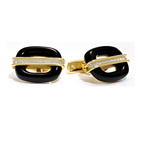 11575 Onyx and Diamond Cufflinks Designed & Handmade by Kaufmann de Suisse in 18kt Yellow Gold & Platinum featuring 4 Carved Onyx measuring 5 x 20mm and 28 Round Brilliant Cut FVVS Quality Diamond