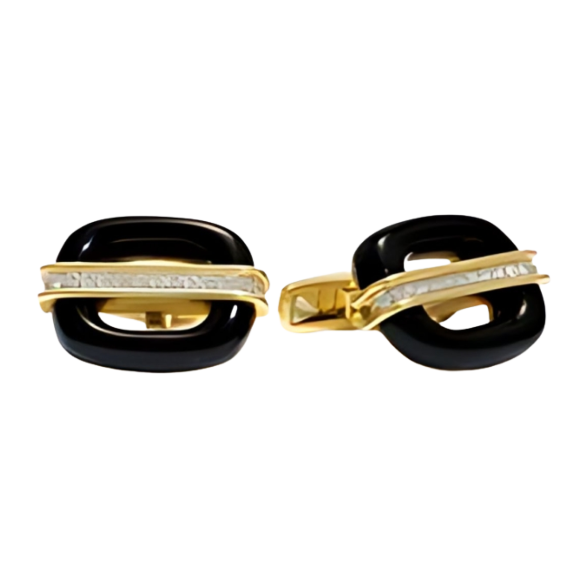 11575 Onyx and Diamond Cufflinks Designed & Handmade by Kaufmann de Suisse in 18kt Yellow Gold & Platinum featuring 4 Carved Onyx measuring 5 x 20mm and 28 Round Brilliant Cut FVVS Quality Diamond