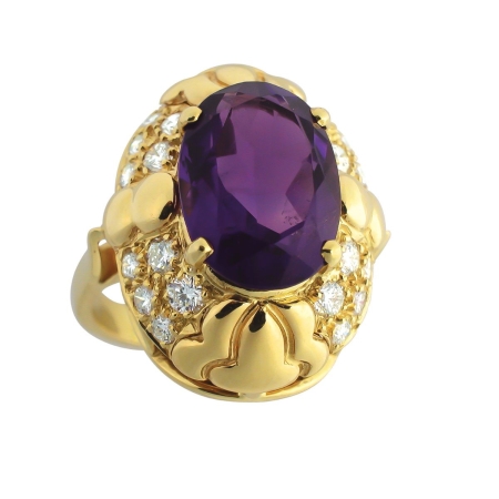 12153 Amethyst & Diamond Dome Ring Designed & Handmade by Kaufmann de Suisse in 18kt Yellow Gold featuring one Oval cut Afircan Amethyst weighing 5.45cts and mounted with 20 Round Brilliant Cut FV