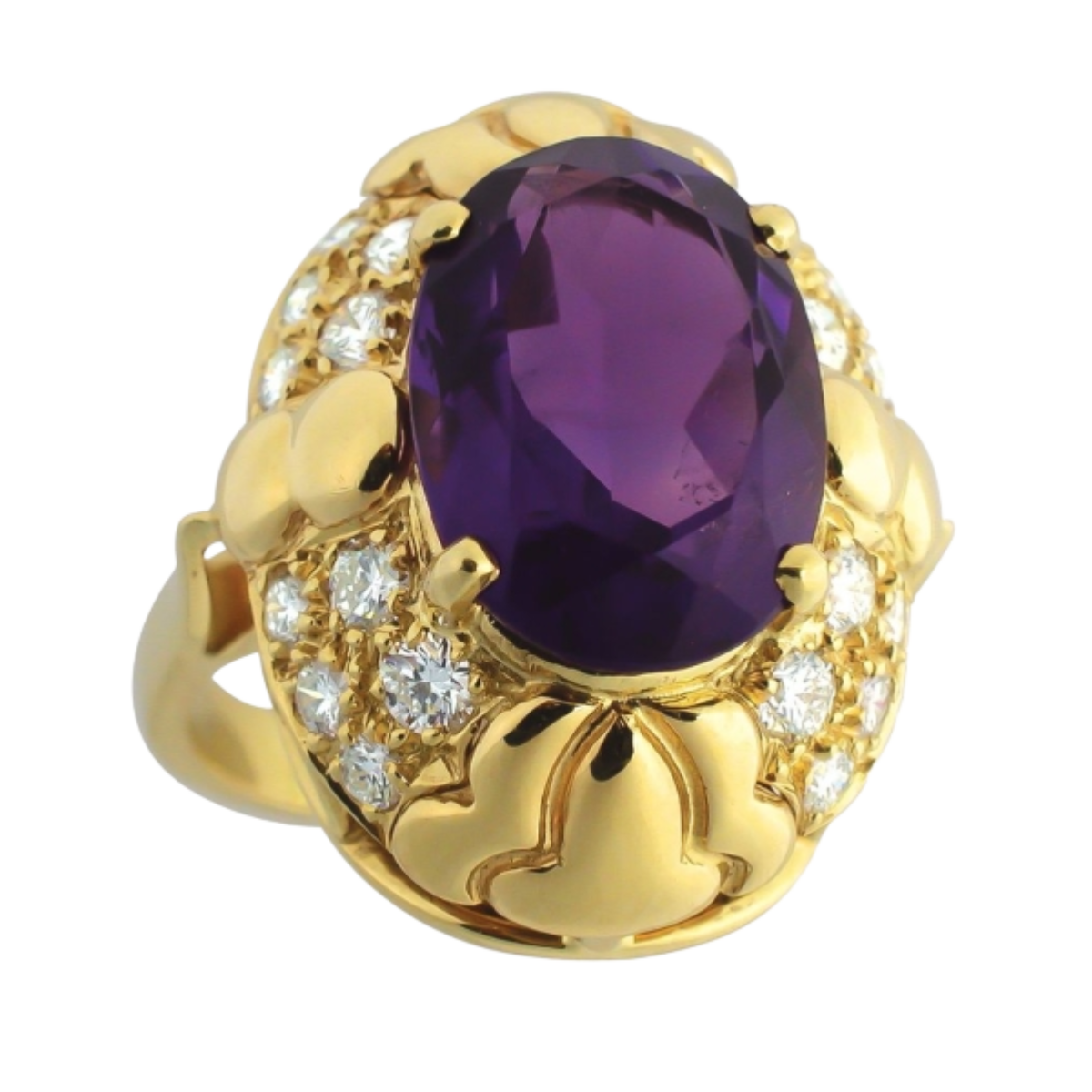 12153 Amethyst & Diamond Dome Ring Designed & Handmade by Kaufmann de Suisse in 18kt Yellow Gold featuring one Oval cut Afircan Amethyst weighing 5.45cts and mounted with 20 Round Brilliant Cut FV