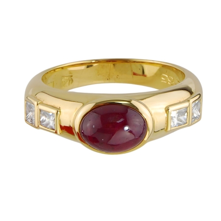 12565 Ruby & Diamond Band Designed and Handmade by Kaufmann de Suisse in 18kt Yellow Gold featuring one Oval Cabochon cut Ruby weighing 1.88cts and 4 FVVS Quality Princess Cut Diamonds weighing a