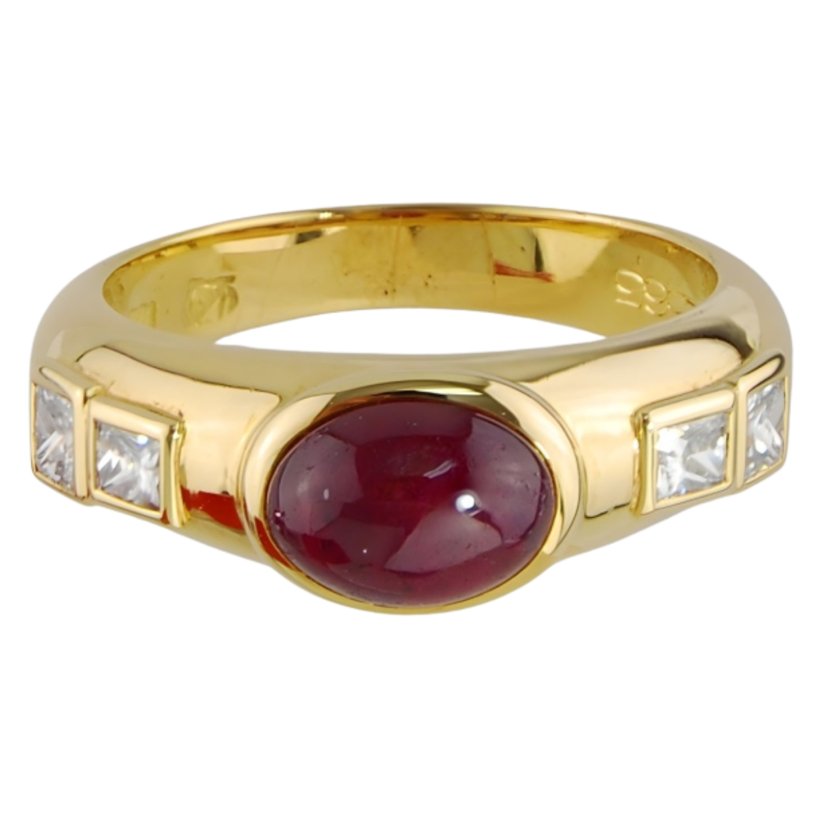 12565 Ruby & Diamond Band Designed and Handmade by Kaufmann de Suisse in 18kt Yellow Gold featuring one Oval Cabochon cut Ruby weighing 1.88cts and 4 FVVS Quality Princess Cut Diamonds weighing a