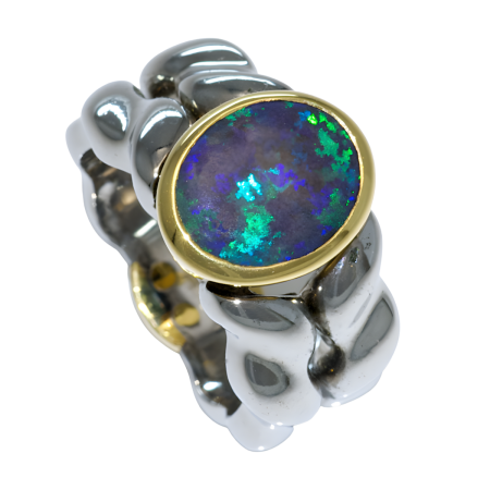 13742 Double Flowing Lines Opal Ring Designed & Handmade by Kaufmann de Suisse in Stainless Steel and 18kt Yellow Gold featuring one 9.5 x 7.5mm Black Opal