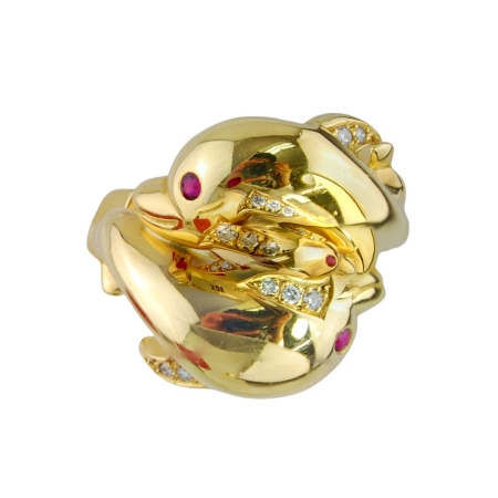 16409 Dancing Dophins Ring Designed & Handmade by Kaufmann de Suisse in 18kt Yellow Gold featuring 2 Round Brilliant Cut Rubies weighing 0.15cts total and 8 Round Brilliant Cut FVVS Quality Diamon