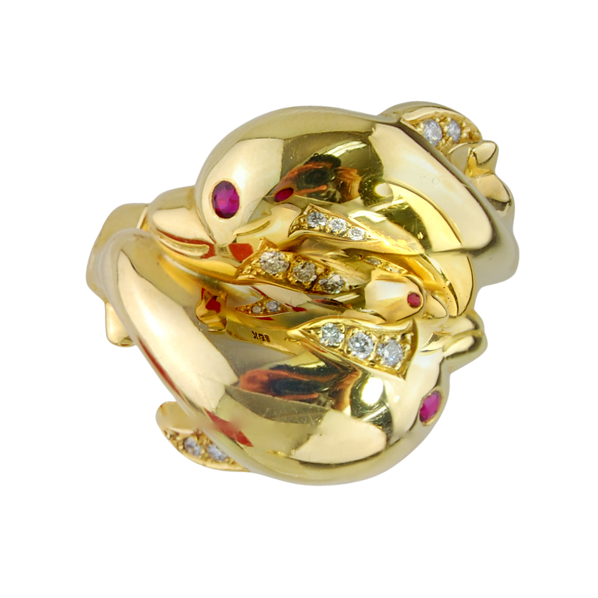 16409 Dancing Dophins Ring Designed & Handmade by Kaufmann de Suisse in 18kt Yellow Gold featuring 2 Round Brilliant Cut Rubies weighing 0.15cts total and 8 Round Brilliant Cut FVVS Quality Diamon