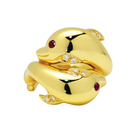 14643 Dolphin Duet Yellow Gold Ring Designed and Handmade by Kaufmann de Suisse in 18kt Yellow Gold featuring 2 Round Rubies weighing a total of 0.11cts and 8 Round Brilliant