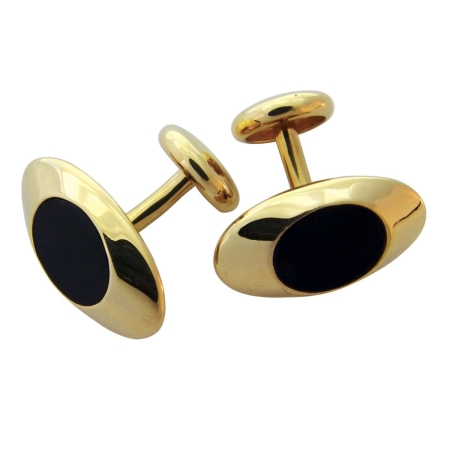14663 Yellow Gold Onyx Cufflinks Designed and Handmade by Kaufmann de Suisse in 18kt Yellow Gold featuring 2 Oval Onyx measuring 11 x 9mm