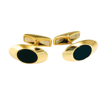 14820 Classic Black Onyx Cufflinks Designed and Handmade by Kaufmann de Suisse in 18kt Yellow Gold featuring 2 Oval Carved Onyx measuring 9 x 11mm