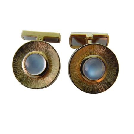 1079 Sunburst Moonstone Cufflinks Designed & Handmade by Kaufmann de Suisse in 18kt Yellow Gold featuring 2 Round Moonstones weighing a total of 3.56cts