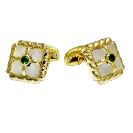 16201 Rock Crystal & Tsavorite Flowing Lines Cufflinks Designed & Handmade by Kaufmann de Suisse in 18kt Yellow Gold featuring 2 Carved Rock Crystals measuring 12 x 12 and 2 Round Bezel Set Tsavor