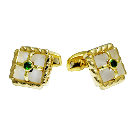 16201 Rock Crystal & Tsavorite Flowing Lines Cufflinks Designed & Handmade by Kaufmann de Suisse in 18kt Yellow Gold featuring 2 Carved Rock Crystals measuring 12 x 12 and 2 Round Bezel Set Tsavor