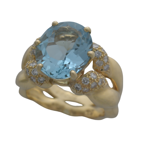 16396 Double Flowing Lines Blue Topaz & Diamond Ring Designed & Handmade by Kaufmann de Suisse in 18kt Yellow Gold featurnig 1 Oval Blue Topaz weighing 7.46cts mounted with 32