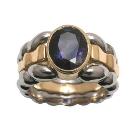 16767 Triple Flowing Lines Ring Designed & Handmade by Kaufmann de Suisse in 18kt Yellow Gold and Stainless Steel featuring 1 Oval Amethyst weighing 6.01cts
