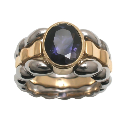 16767 Triple Flowing Lines Ring Designed & Handmade by Kaufmann de Suisse in 18kt Yellow Gold and Stainless Steel featuring 1 Oval Amethyst weighing 6.01cts