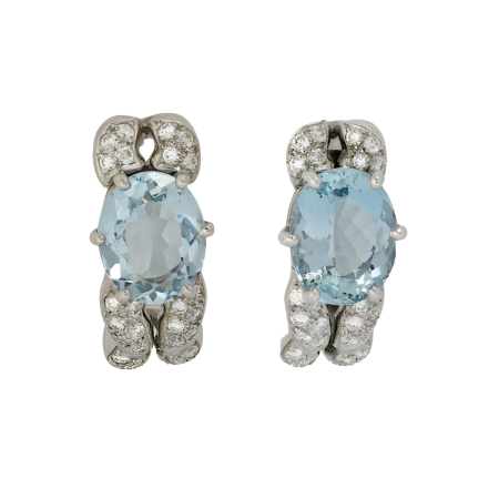 17304 Double Flowing Lines Aquamarine & Diamond Clip On Huggie Earrings Designed and Handmade by Kaufmann de Suisse in 18kt White Gold featuring 2 Oval Cut Aquamarines (1)