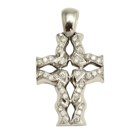 17402 Flowing Lines Diamond Cross Pendant Designed & Handmade by Kaufmann de Suisse in 18kt White Gold featuring 34 Round Brilliant Cut FVVS Quality Diamonds weighing a total of 0.42cts on a 18 In