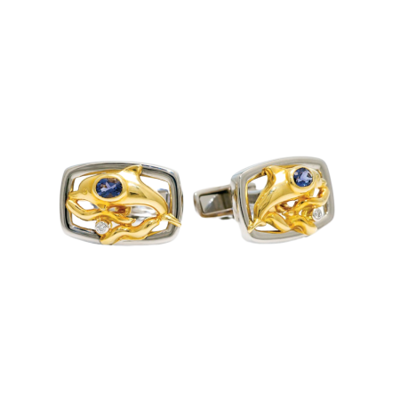 17593 Dolphin Cufflinks Designed & Handmade by Kaufmann de Suisse in Stainless Steel, 18kt Yellow Gold and Platinum featuring 2 Iolites weighing 0.62cts total and 2 Round FVVS Quality Brilliant