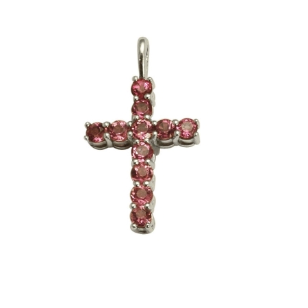 17542 Pink Tourmaline Cross Designed & Handmade by Kaufmann de Suisse in Platinum featuring 11 Round Pink Tourmalines weighing a total of 1.28cts