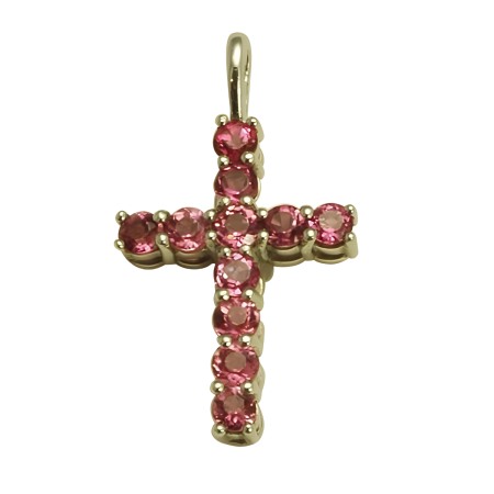 17542 Pink Tourmaline Cross Designed & Handmade by Kaufmann de Suisse in Platinum featuring 11 Round Pink Tourmalines weighing a total of 1.28cts
