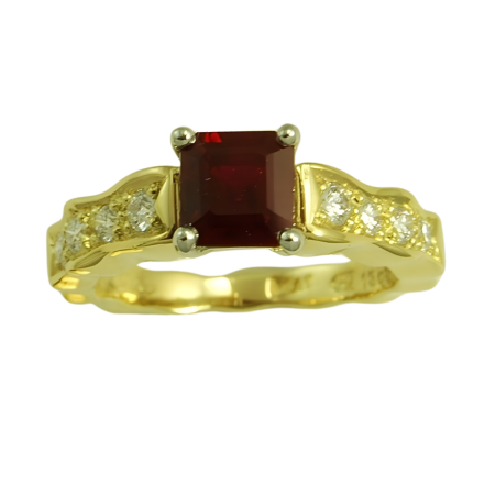 18549 Single Flowing Lines Ruby & Diamond Ring Designed & Handmade by Kaufmann de Suisse in 18kt Yellow Gold & Platinum featuring 1 Emerald cut No Heat Ruby weighing 1.20cts mounted with 8 Round B