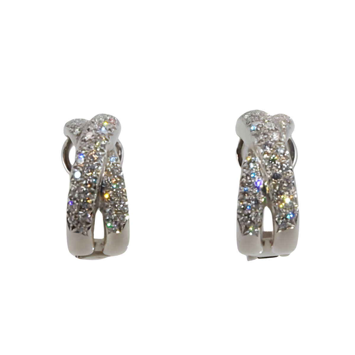 18729 Classic Diamond Cross Over Earclip Earrings Designed & Handmade by Kaufmann de Suisse in 18kt White Gold featuring 82 Round Brilliant cut FVVS Quality Diamonds weighing a total of 0.94cts