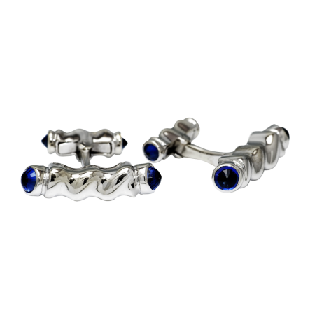 18792 Flowing Lines Blue Sapphire Cufflinks Designed and Handmade by Kaufmann de Suisse in 18kt White Gold featuring 8 Round Blue Sapphires weighing a total of 3.99cts.