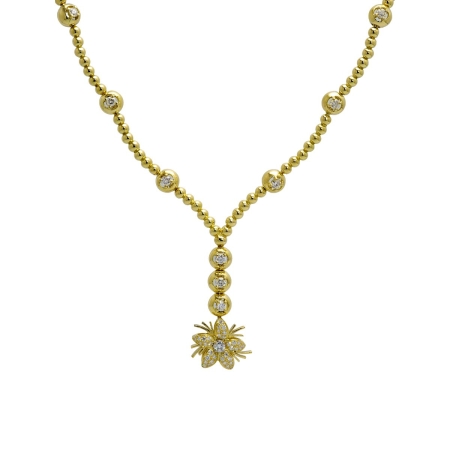 22318 Yellow Gold Bead & Diamond Jasmin Drop Necklace Designed & Handmade by Kaufmann de Suisse in 18kt Yellow Gold featuring 104 Round Brilliant Cut GVS Quality Diamonds weighing a total of 5.58c