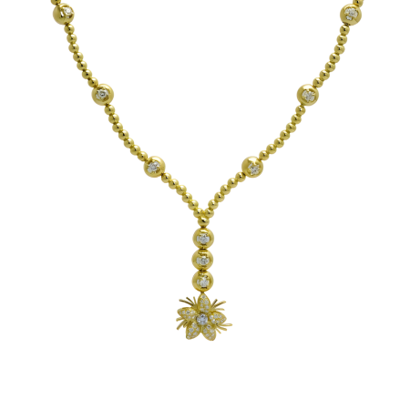 22318 Yellow Gold Bead & Diamond Jasmin Drop Necklace Designed & Handmade by Kaufmann de Suisse in 18kt Yellow Gold featuring 104 Round Brilliant Cut GVS Quality Diamonds weighing a total of 5.58c