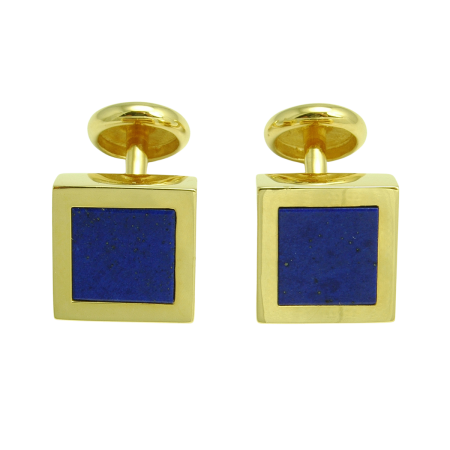 14817 Classic Yellow Gold Lapis Lazuli Cufflinks Designed and Handmade by Kaufmann de Suisse in 18kt Yellow Gold featuring 2 Square Lapis Lazuli measuring 9mm