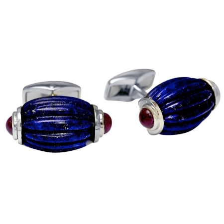 31373 Carved Lapis Lazuli & Ruby Swivel Back Cufflinks Designed and Handmade by Kaufmann de Suisse in 18kt White Gold featuring 2 Carved Lapis Lazuli measuring 16 x 12mm and 4 Cabochon Cut Rubies