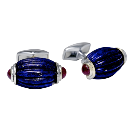 31373 Carved Lapis Lazuli & Ruby Swivel Back Cufflinks Designed and Handmade by Kaufmann de Suisse in 18kt White Gold featuring 2 Carved Lapis Lazuli measuring 16 x 12mm and 4 Cabochon Cut Rubies