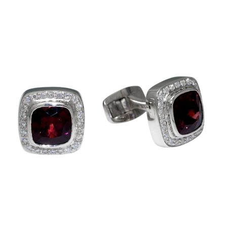 31375 Tsarina Swivel Back Rhodolite Garnet and Diamond Cufflinks Designed & Handmade by Kaufmann de Suisse in 18kt White Gold featuring 2 Cushion Cut Rhodolite Garnets