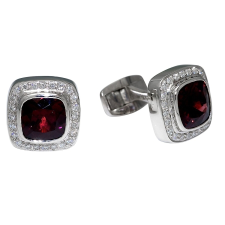 31375 Tsarina Swivel Back Rhodolite Garnet and Diamond Cufflinks Designed & Handmade by Kaufmann de Suisse in 18kt White Gold featuring 2 Cushion Cut Rhodolite Garnets weighing a total of 11.00cts