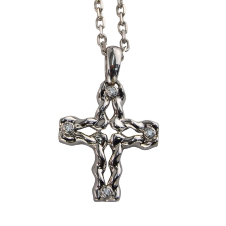 19447 Flowing Lines Diamond Cross Designed & Handmade by Kaufmann de Suisse in 18kt White Gold featuring 4 Round Brilliant Cut FVVS Quality Diamonds weighing a total of 0.20cts