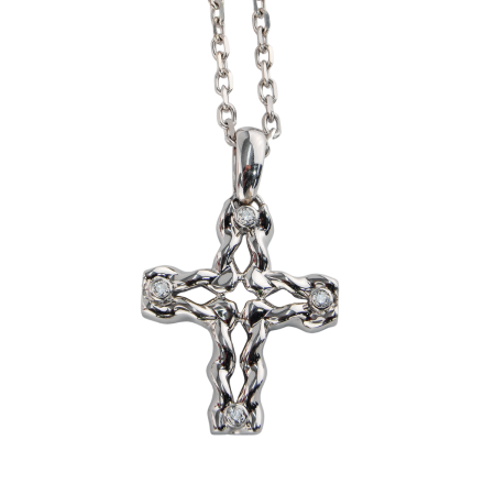 19447 Flowing Lines Diamond Cross Designed & Handmade by Kaufmann de Suisse in 18kt White Gold featuring 4 Round Brilliant Cut FVVS Quality Diamonds weighing a total of 0.20cts