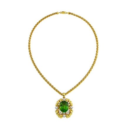 15790 19433 Peridot & Diamond Pendant Designed & Handmade by Kaufmann de Suisse in 18kt Yellow Gold featuring one Oval AAA Quality Peridot weighing 21.39cts and 16 Round Brilliant Cut FVVS Quality