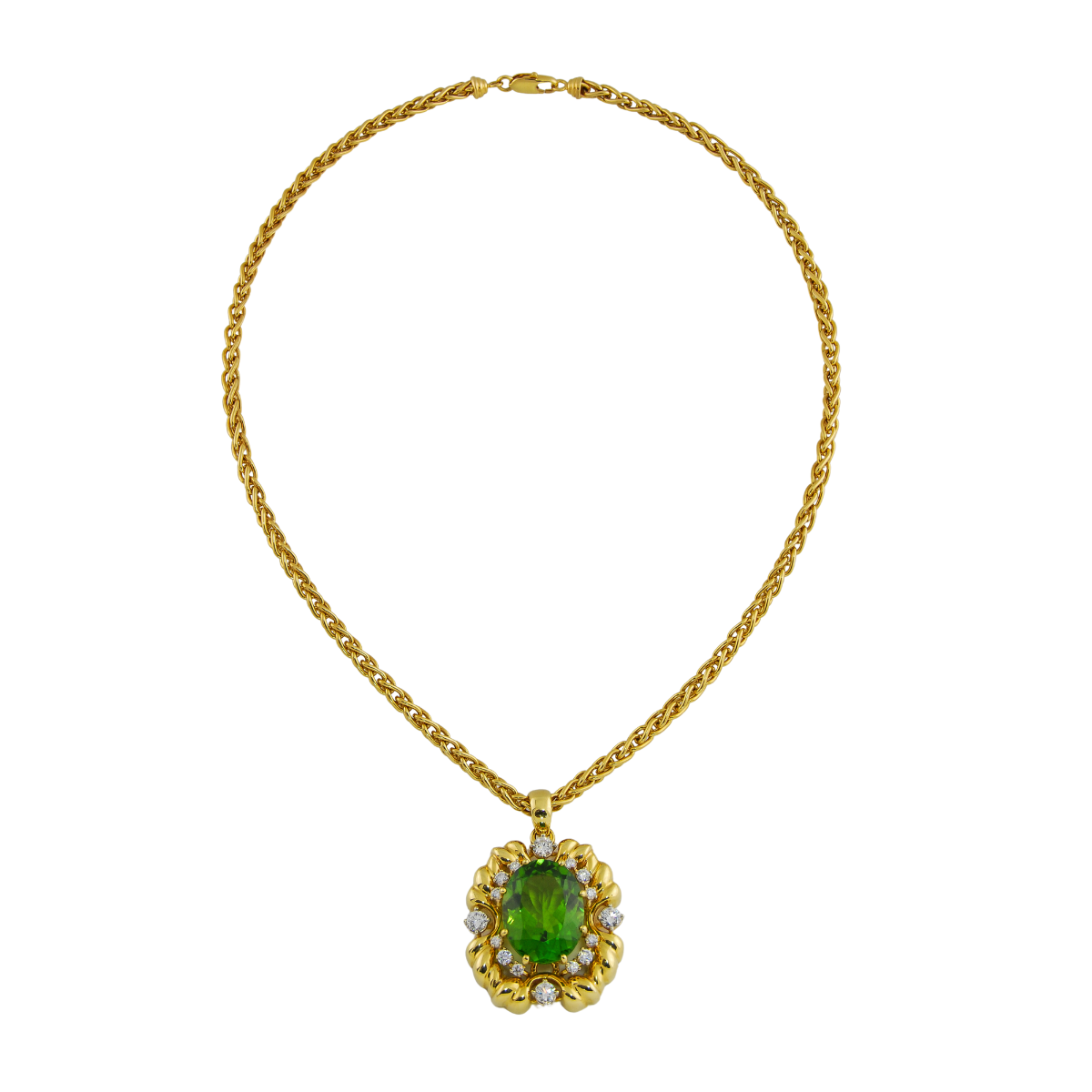 19433 Peridot & Diamond Pendant Designed & Handmade by Kaufmann de Suisse in 18kt Yellow Gold featuring one Oval AAA Quality Peridot weighing 21.39cts and 16 Round Brilliant