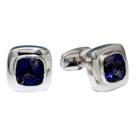 31410 Tsarina Swivel Back Iolite Cufflinks Designed & Handmade by Kaufmann de Suisse in 18kt White Gold featuring 2 Cushion Cut Iolites weighing a total of 7.08cts