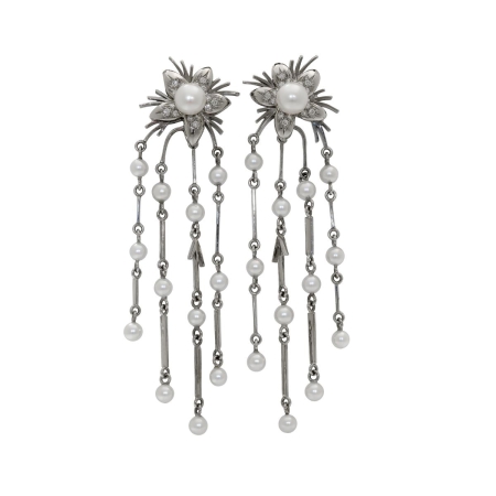 19508 Jasmin de Nuit Dangle Drop Pearl & Diamond Earrings Designed & Handmade by Kaufmann de Suisse in 18kt White Gold featuring 26 Akoya Pearls and 30 Round Brilliant Cut FVVS Quality Diamonds we