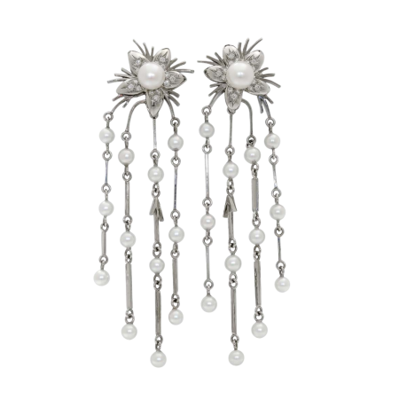 19508 Jasmin de Nuit Dangle Drop Pearl & Diamond Earrings Designed & Handmade by Kaufmann de Suisse in 18kt White Gold featuring 26 Akoya Pearls and 30 Round Brilliant Cut FVVS Quality Diamonds we