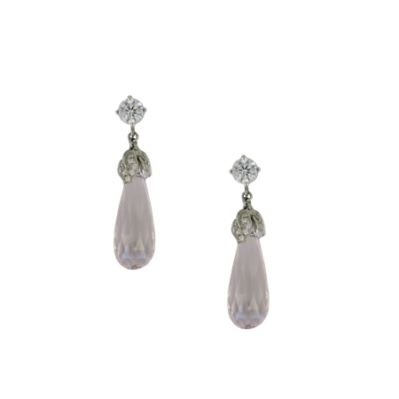 31463 Diamond & Morganite Briolette Drop Earrings Designed and Handmade by Kaufmann de Suisse in 18kt White Gold featuring 2 Round Brilliant