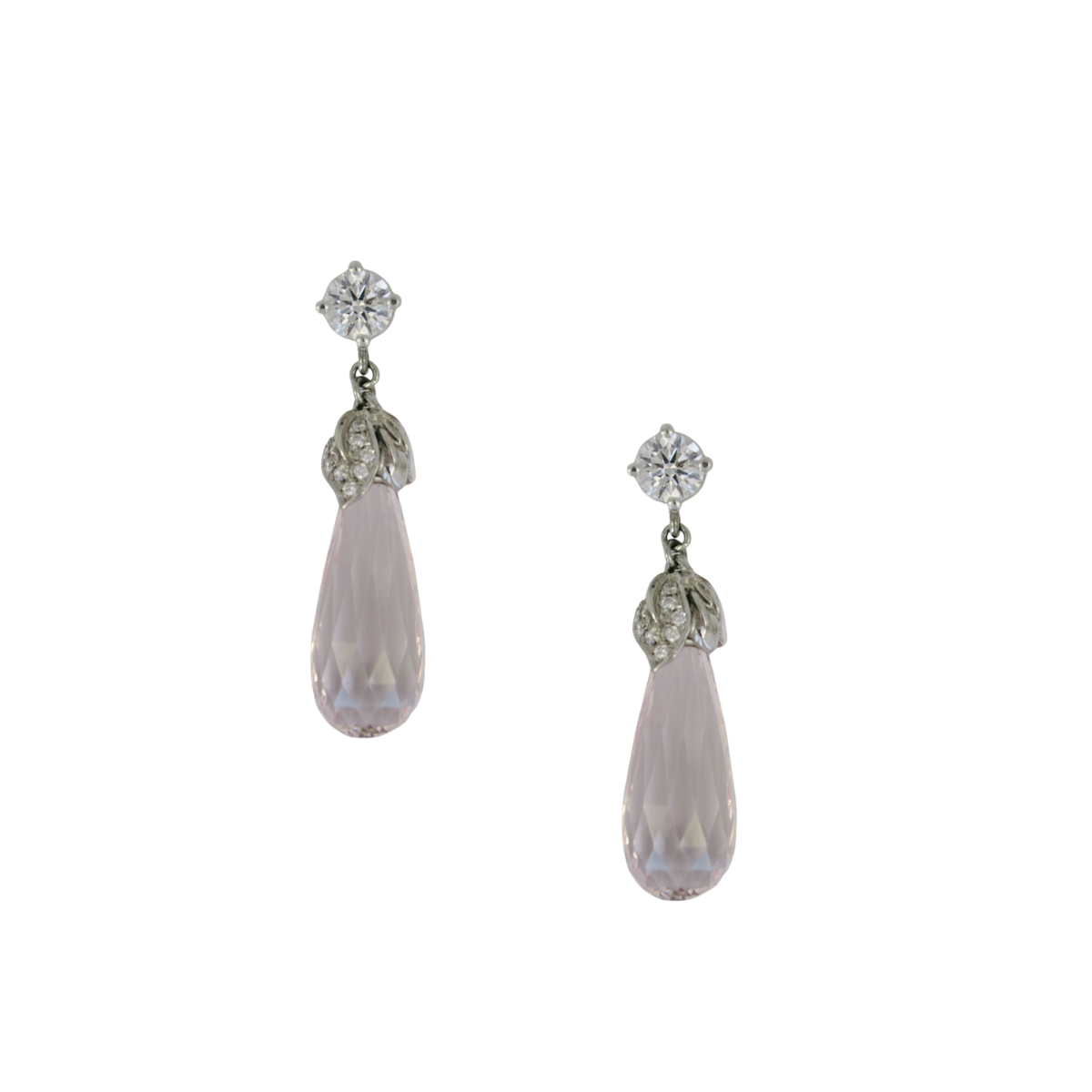 31463 Diamond & Morganite Briolette Drop Earrings Designed and Handmade by Kaufmann de Suisse in 18kt White Gold featuring 2 Round Brilliant