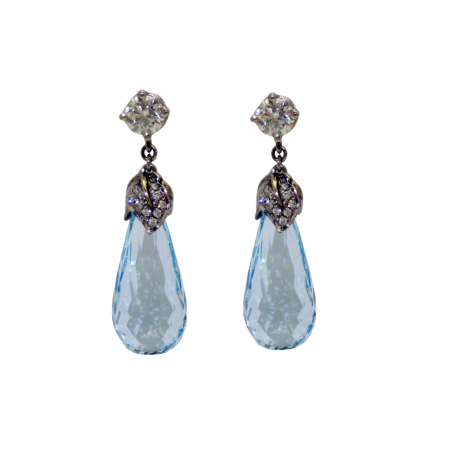 31463B Diamond & Aquamarine Briolette Drop Earrings Designed and Handmade by Kaufmann de Suisse in 18kt White Gold featuring 2 Round Brilliant Cut GVS Quality Diamonds weighing