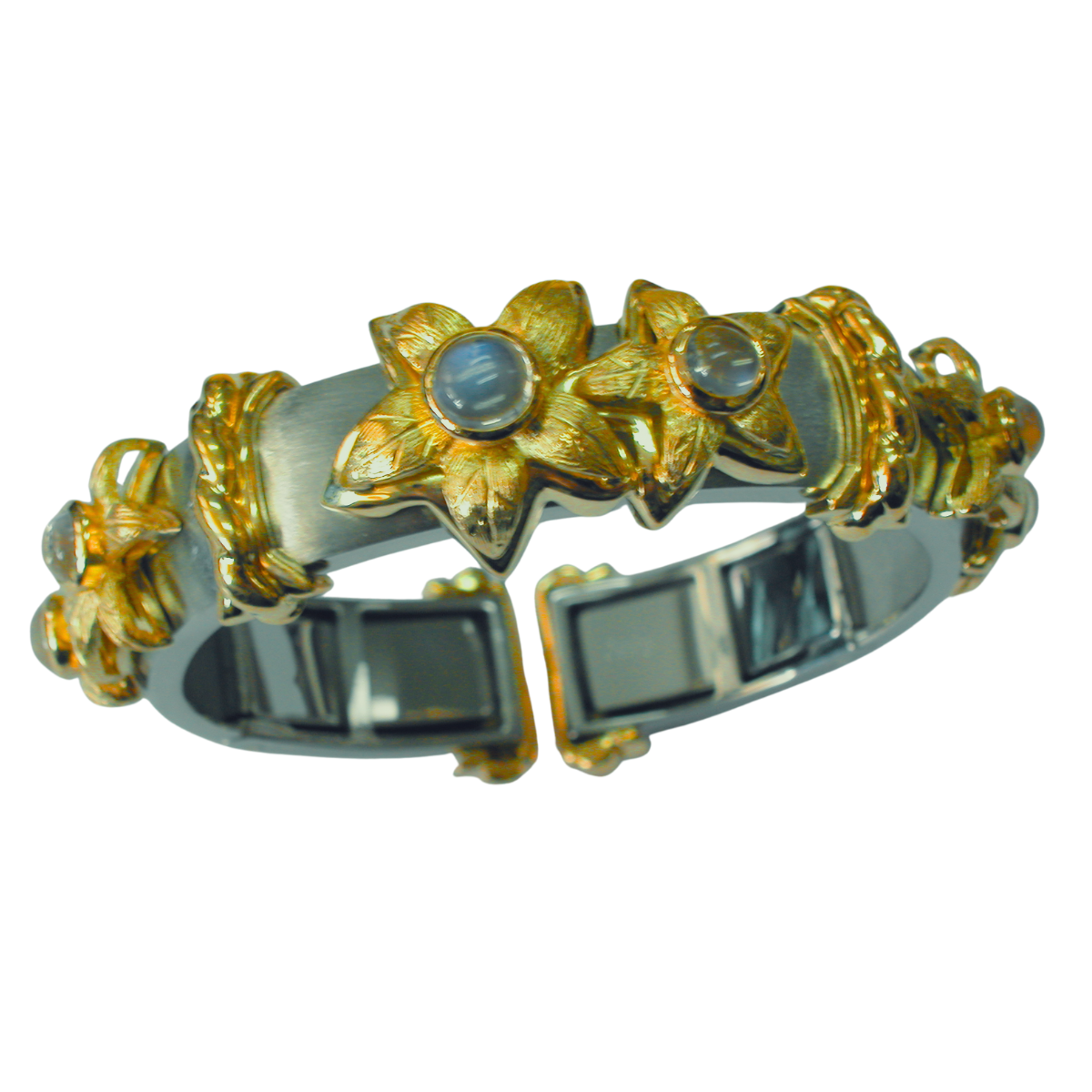 19382 Jasmin de Nuit Moonstone Clip Bangle Bracelet Designed & Handmade by Kaufmann de Suisse in 18kt Yellow Gold & Stainless Steel featuring 6 Cabochon cut Round Moonstones weighing a total of 2.