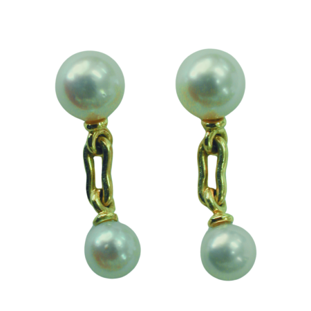 19590 Pearl Drop Earrings Designed & Handmade by Kaufmann de Suisse in 18kt Yellow Gold featuring 4 Akoya Pearls measuring 6mm and 7.5mm