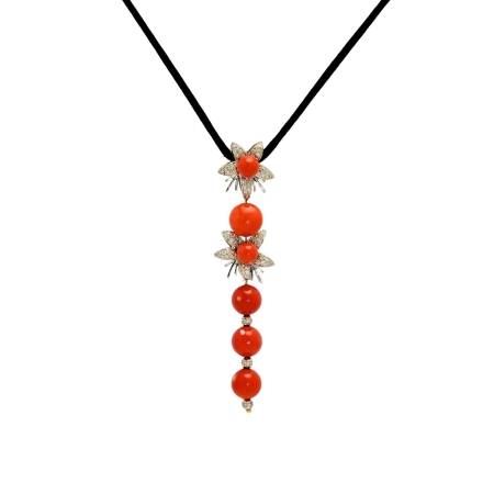 22762 Jasmin de Nuit Coral & Diamond Pendant Designed & Handmade by Kaufmann de Suisse in 18kt White Gold featuring 6 Red Coral Beads measuring from 7.10 to 11.3mm mounted with 101 Round Brilliant