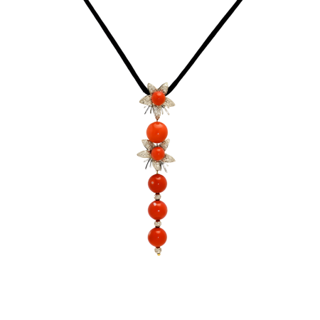 22762 Jasmin de Nuit Coral & Diamond Pendant Designed & Handmade by Kaufmann de Suisse in 18kt White Gold featuring 6 Red Coral Beads measuring from 7.10 to 11.3mm mounted with 101 Round Brilliant