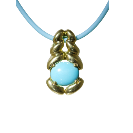 19555 Flowing Lines Turquoise Pendant Designed & Handmade by Kaufmann de Suisse in 18kt Yellow Gold featuring one 3.07cts Oval Turquoise on a 6 Inch Black Silk Cord with Yellow Gold Clasp