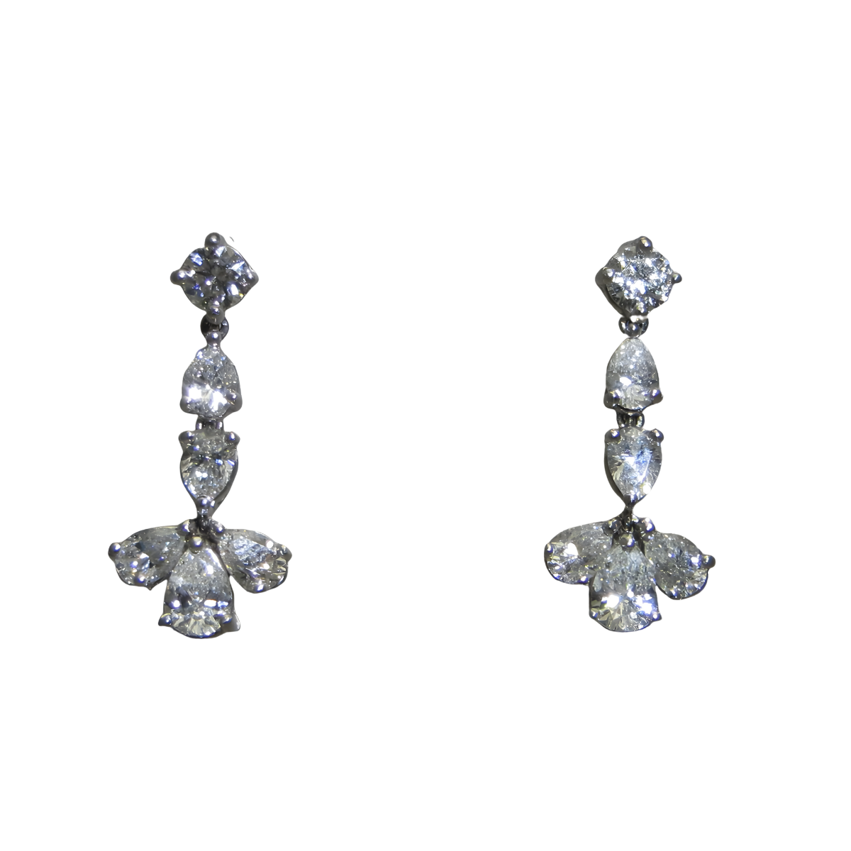 31638 Diamond Drop Dangles Designed & Handmade by Kaufmann de Suisse in Platinum featuring 10 Pear Shape Diamonds weighing a total of 2.04cts and 2 Round Brilliant Cut Diamonds weighing a total of