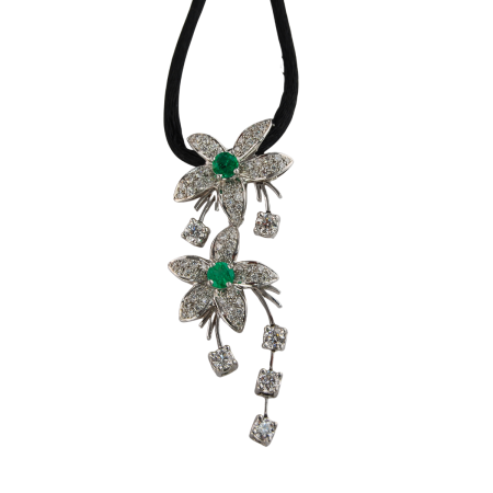 19732 Jasmin de Nuit Emerald & Diamond Pendant Designed & Handmade by Kaufmann de Suisse in 18kt White Gold featuring 78 Round Brilliant Cut FVVS Quality Diamonds weighing a total of 0.64cts, 6 Ro